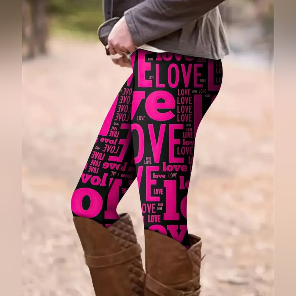 LOVE Hot Pink and Black Leggings Women's Size XL